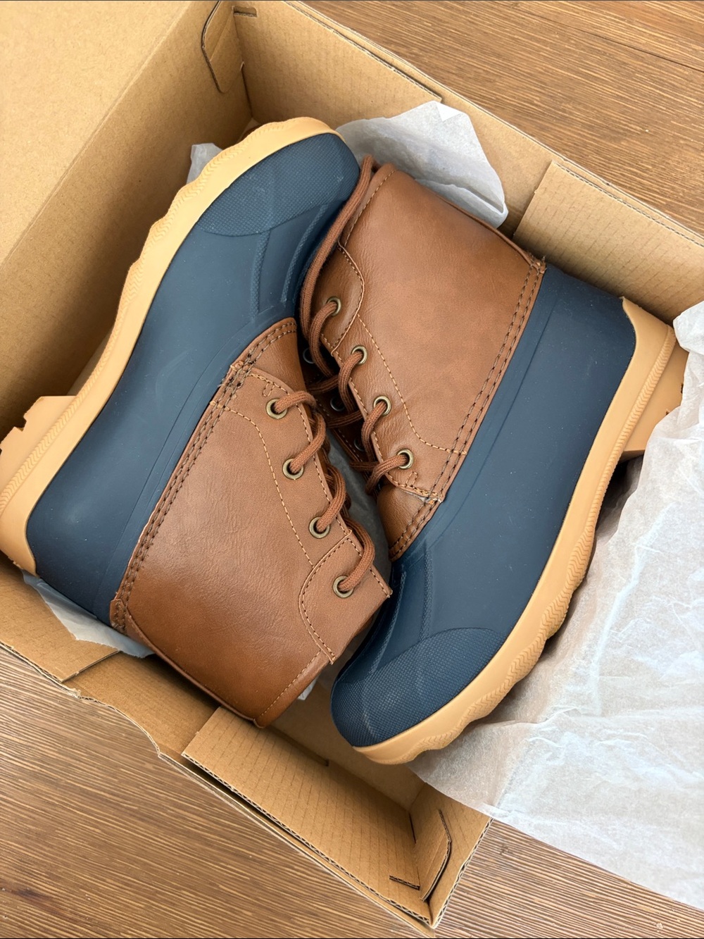 Sperry Brown and Navy Duck Boot with Tan Sole